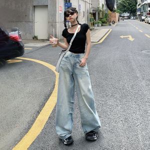 American Style Vintage High Waist Seven-Foot Loose Straight Leg Jeans Women Spring Summer New Style Slimming Drapey Wide Leg Pants