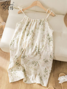 Pure Cotton Gauze Nightgown Womens Style Summer Floral Double Layered Strap Sleepwear Spring Summer Casual Home Leisure