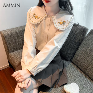 AMMIN Mùa Xuân Và Mùa Thu Mới Thêu Sang Trọng Khoét Rỗng Khâu Ren Ve Áo Dài Tay Áo Voan Thiết Kế Ba Chiều Thêu Hoa Một Hàng Cúc Cho Nữ Áo Blouse Thanh Lịch