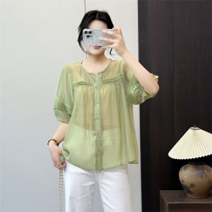 Summer Womens Short Sleeve Shirt Semi-Transparent Loose Casual Commuter Korean Style Breathable Polyester Fiber round Neck