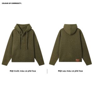JNXS | Áo Len Cổ Henley Có Mũ Dáng Rộng Thoải Mái Giữ Ấm Đầu Thu