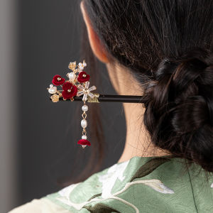 เครื่องประดับผมสไตล์จีนโบราณสีแดง ดอกไม้ อาหารกลางวัน สำหรับผู้หญิง ชุดฮันฟู ชุดเจ้าสาว ชุดกิ๊บติดผมไม้ ชุดกิ๊บติดผมทองแดง