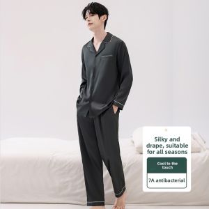 MiiOW | Mens Ice Silk Sleepwear Long Sleeve Long Pants Home Clothes Set Lightweight Summer New Arrival MiiOW Cat Man Simple Style