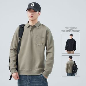 Loose Long Sleeve Polo Shirt Hoodie Mens Inner Wear Fashion Urban Style Turn-down Collar Workwear Top Coat Youth Polyester