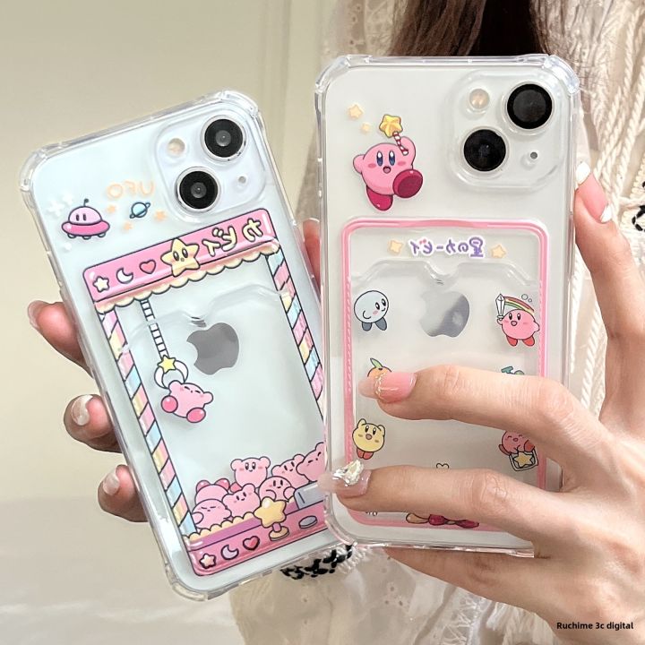 Cute Star Kirby Phone Case for iPhone 14/13 pro Max 11 Insertable Card Protective Shell Transparent Anti-Fall XR pro Card Holder Cover