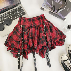 Stylish Retro Red Gingham Bubble Skirt Womens 2024 Summer New Arrival High Waist Asymmetrical A- line Skirt