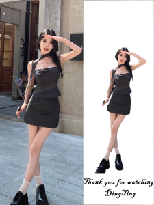 ชุดกระโปรงสั้นแขนกุดผูกโบว์ผีเสื้อสไตล์เกาหลีฤดูร้อน ชุดสองชิ้น ทรงเข้ารูป เอวสูง กระโปรงสั้นผู้หญิง ชุดแฟชั่น