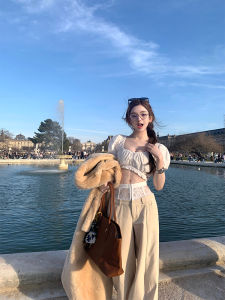 DOGGYQIN กางเกงลำลองเอวสูงลายกระดูกปลาผ้าลูกไม้สไตล์ญี่ปุ่นสำหรับผู้หญิงในฤดูร้อน กางเกงขายาวทรงตรง ทรงสลิมฟิต ทรงหลวม ทรงเข้ารูป