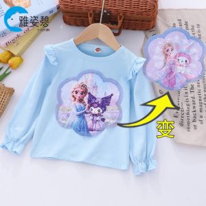 Princess Elsa Long Sleeve T-Shirt for Girls Color Changing Glitter Pure Cotton Spring Thin Base Shirt New Style Childrens Clothing