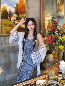 Printed Suspenders Beach Dress Women Ethnic Style A-line Long Dress Dress Large Hem