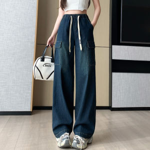 Wide Leg Denim Jeans Womens Spring Design Sense Workwear Pockets Straight Long Pants Elastic Waist Rope Tied Female Model
