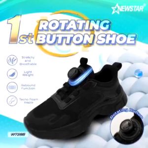 NewStar W727B Primary Black School Shoes Waterproof Rotating Button Lightweight Kasut Hitam Sekolah Rendah Ringan
