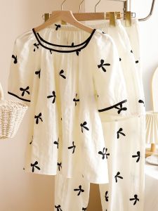 ชุดนอนผู้หญิงแขนสั้นผ้าฝ้ายแท้ ชุดนอนฤดูร้อนบางหลวม นุ่ม ระบายอากาศได้ดี ชุดอยู่บ้าน พร้อมแผ่นเสริมหน้าอก ชุดนอนผู้หญิง