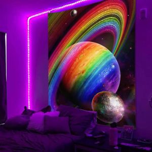VIKAMA Fluorescent Multicolored Ringed Planet Outer Space UV Glow Tapestry Hallucinogenic Wall Mural Decor Soft Durable Cozy