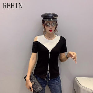 REHIN Womens top New Summer European style zipper design color collision fashion slim short-sleeved T-shirt Black and white color block one shoulder slim fit S-3XL round neck trend blouse