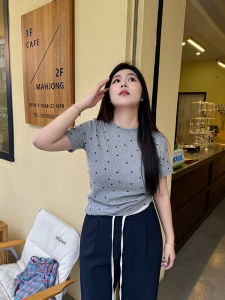 Nini One Polka Dot Short Sleeve T-Shirt Retro Korean Style Slim Fit round Neck Shoulder Length Regular Summer Print Casual