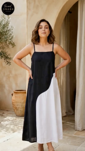 Dress & Dazzle Elegant Color Block Spaghetti Strap Maxi Dress in Soft Linen - Casual Versatile Womens Clothing (FreeSize M to Semi L)