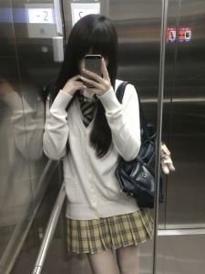 Original Mars Home JK Uniform Long Sleeve Sweater Knitted Dressing Autumn Winter Womens Plaid Mini Skirt High Waist A-Line