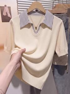 Striped Layered Design Slim Polo Neck Short Sleeve T-Shirt