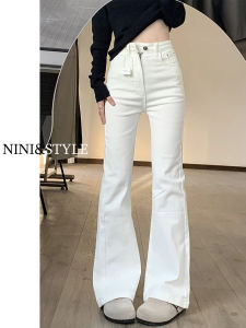 High Waist Slim Fit Bell Bottom Jeans Womens White Summer New Style Casual Cotton Stretch Denim Small Size Friendly