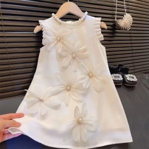 Bear Leader | Summer New Girls Casual Clothes Pleated 3D Flower Sleeveless Princess Dress Korean Version Solid Color Children 2-12 Years Old