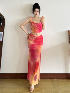 Summer Gradient Smock Vest And High Waist Skirt Set Womens Fashion Outfit V-Neck Short Sleeve Tie-Dye Blouse Halter Neck Top