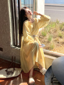 Yellow Romantic A-Line Long Dress French Waist Cinching Slimming Elegant Style Spring Season Polyester Fiber Commute Style