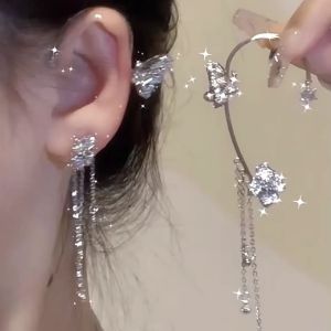 Sparkling Zircon Flower Butterfly Ear Bone Clip for Women Without Piercing Tassel Ear Cuff Clip Earrings Wedding Jewelry