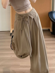 LANMENGYA | Khaki Design Straight Fit Relaxed Pants with Drawstring High Waist Flared Legs