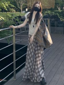 Váy Chữ a Cạp Cao Xếp Ly Họa Tiết Kẻ Caro Không Đều Cho Nữ Mùa Hè Váy Midi Dáng Chữ A Váy Midi Chữ A Váy Chữ a