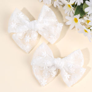 2Pcs Flower Embroidery Bow Hair Clips Sweet Elegant White Lace Net Ponytail Hairpin Girls Kids Childrens Headdress Accessories