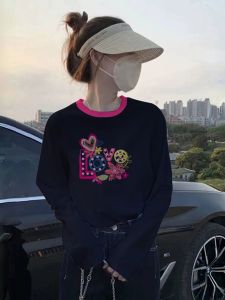 Early Autumn Color Block Long Sleeve Womens T-Shirt Pure Cotton Base Shirt Inner Wear Casual Loose Fit round Neck Top