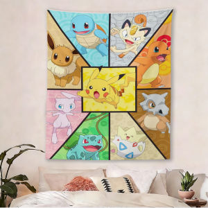 Cute Pokemon Grid Tapestry Pikachu Eevee Charmander Print Colorful Anime Wall Art for Bedroom