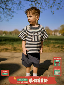 Lelejove Nordic Style Color Block Stripe round Neck Short Sleeve T Shirt Boys Loose Casual Constellation Print Top Cotton Blend Fabric Breathable Summer Kids Clothing