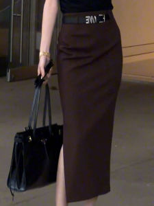 Elegant Coffee Brown Asymmetric Hem Suit Skirt High Waist Bodycon Design Sensation Midi Skirt for Autumn New Arrival