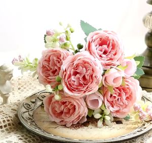【Local Delivery】Rose Silk Peony Artificial Flowers Bouquet 5 Big Head Cheap Fake Flowers for Home Wedding Decoration Indoor Photography Props Decoration Fake Flowers