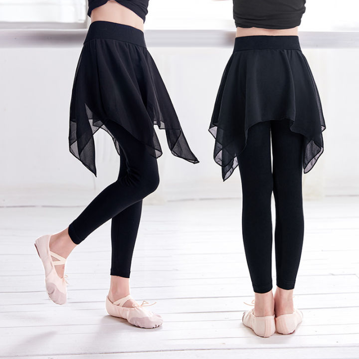 Girls Black Ballet Pants Dance Tights of Skirt Asymmetrical Chiffon Skirts Kids Training Pants Athletic Pants for Dance Daily