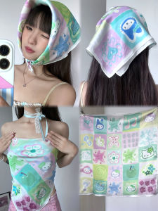 HoneyCan Original Hand-Painted Dopaamine Colorful Grid HelloKitty Cute Square Scarf Headscarf Tube Top Korean Style Fashion Accessory