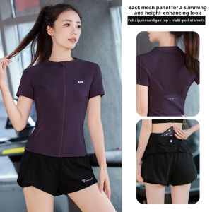 BAISILING | Breathable Weight Loss Fitness Wear Slim-fit Zipper Front Short Sleeve