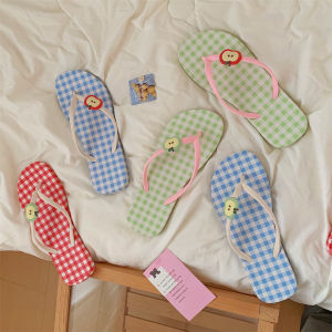Summer Ladies Fun Red Apple Contrast Color Plaid Sandals Anti-Slip Beach Casual Low Heel Flat Bottom PVC Youth Flip Flops
