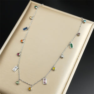 Fashion Round Rectangle Colorful Geometric Zircon Pendant Chain Necklace Choker For Women Stainless Steel Temperament jewelry