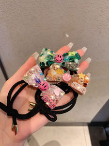 Korean Style Young Adult Smiley Hair Band Bows Diamond-Embedded Rubber Band Hair Rope High Elastic Durable Girl Hair Braiding Head Rope New Arrival