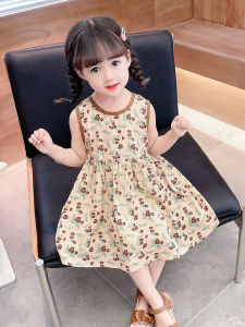 ชุดเดรสยาวแขนกุดผ้าฝ้ายลายดอกไม้สำหรับเด็กผู้หญิง ชุดเดรสยาวปานกลางสไตล์เจ้าหญิง ชุดเดรสชายหาดดอกซากุระ ฤดูร้อน 2023