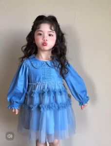 เดรสยีนส์เจ้าหญิงสุดน่ารัก ตกแต่งระบายฟูฟ่อง สไตล์เกาหลี น่ารักสดใส ใส่สบาย ไม่ระคายเคืองผิว