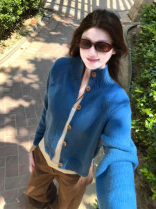 Blue High Collar Long Sleeve Knitted Open Cardigan Womens Outerwear Autumn Commuting Style Sweet Loose Fit Pure Color