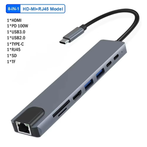 Kebidumei | KEBIDUMEI USB HUB 8 in 1 Type C to 4K30Hz HDMI SD&TF 5Gbps USB3.0 RJ45 PD100W USB Splitter Docking Station for Laptop Macbook