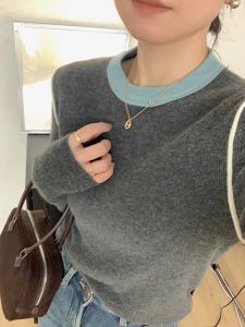 Premium Knitted Short Sleeve round Neck Base Shirt Womens Slim Fit Sweater Overhead Resin Color Splicing Korean Style Top