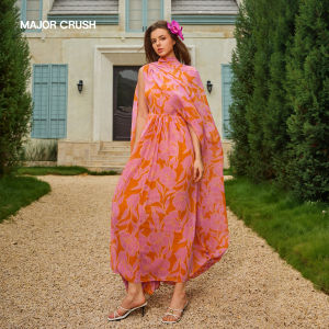 Sleeveless Printed Maxi Dress with Flowing Shawl Design