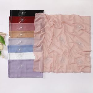 Jifang 90x90cm Floral Fireworks Rhinestones Pearl Beads Plain Bubble Chiffon Square Scarf Pashmina Raya Muslim Hijab Square Bawal WC79