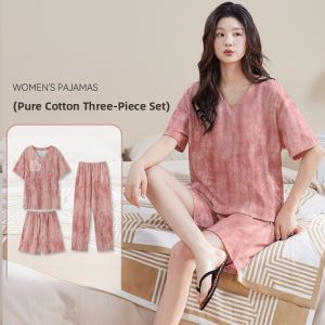 Miiow | Cat Woman Sleepwear Set With Chest Pad Short Sleeve Shorts Pants Three Piece Set Womens Home Clothes Cotton Material Summer Thin